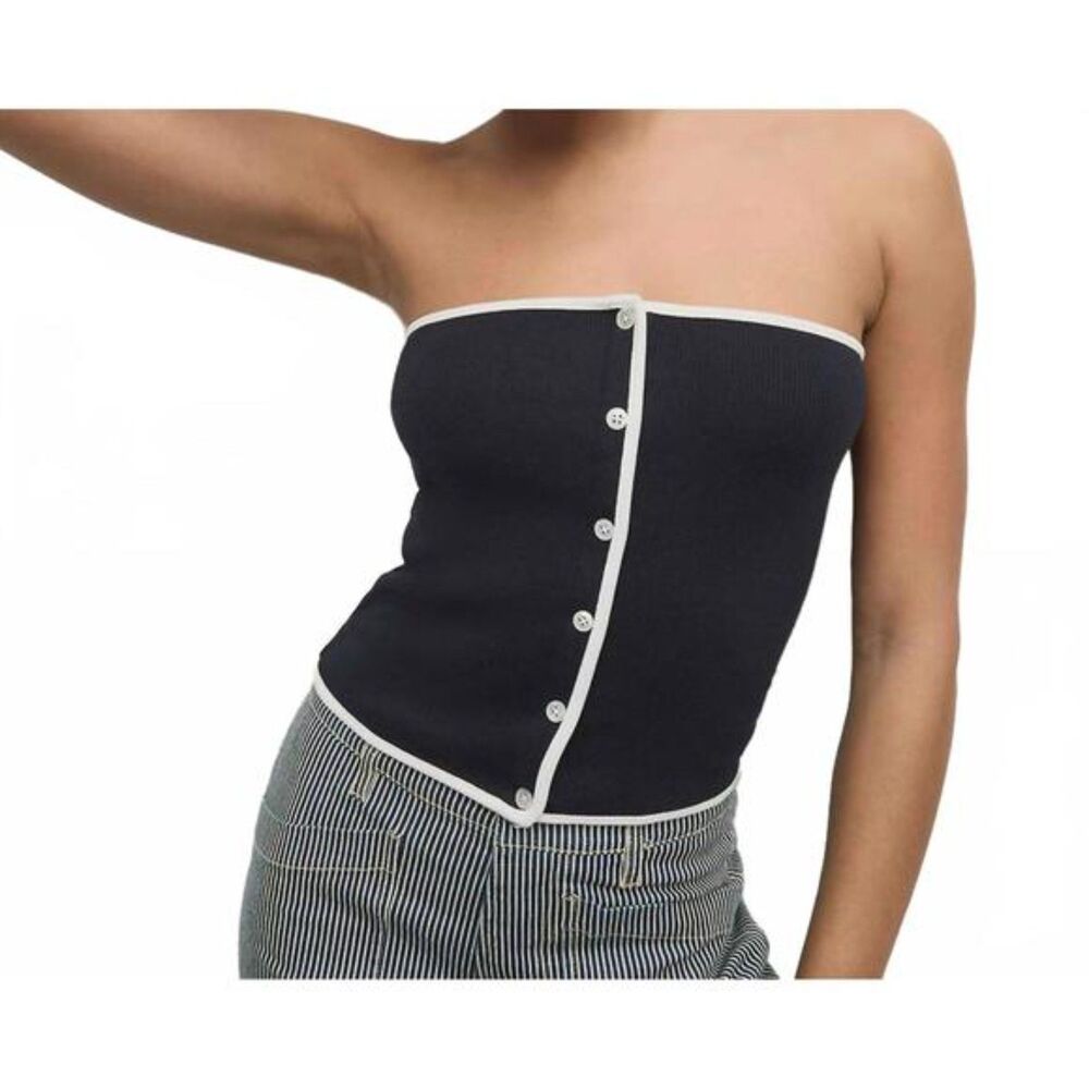 Veronica Beard Black Strapless Button-Front Tube Top with White Trim